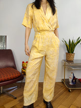 Load image into Gallery viewer, Vintage viscose jumpsuit viscose yellow print pattern overall onesie EU38 S
