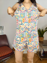 Load image into Gallery viewer, Vintage playsuit shorts floral print pattern white overall jumpsuit onesie sleeveless Belfe &amp; Belfe S-M
