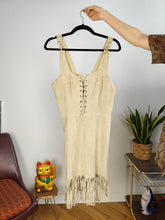 Load image into Gallery viewer, Vintage 100% leather suede beige sleeveless mini dress fringes boho 42 S
