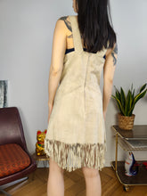 Load image into Gallery viewer, Vintage 100% leather suede beige sleeveless mini dress fringes boho 42 S
