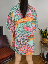Load image into Gallery viewer, Vintage 100% silk shirt print crazy pattern green pink women men unisex M-L
