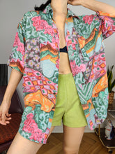 Load image into Gallery viewer, Vintage 100% silk shirt print crazy pattern green pink women men unisex M-L
