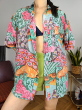 Load image into Gallery viewer, Vintage 100% silk shirt print crazy pattern green pink women men unisex M-L
