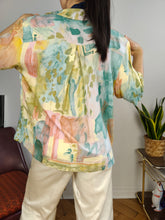 Load image into Gallery viewer, Vintage viscose shirt blouse art print pattern pastel green yellow pink short sleeve women M

