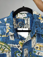 Load image into Gallery viewer, Vintage 100% silk shirt print crazy pattern blue women men unisex M
