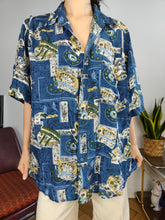 Load image into Gallery viewer, Vintage 100% silk shirt print crazy pattern blue women men unisex M
