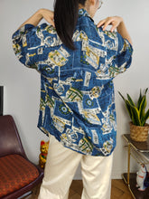Load image into Gallery viewer, Vintage 100% silk shirt print crazy pattern blue women men unisex M
