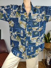 Load image into Gallery viewer, Vintage 100% silk shirt print crazy pattern blue women men unisex M
