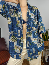 Load image into Gallery viewer, Vintage 100% silk shirt print crazy pattern blue women men unisex M
