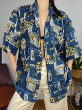 Load image into Gallery viewer, Vintage 100% silk shirt print crazy pattern blue women men unisex M
