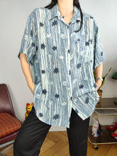 Load image into Gallery viewer, Vintage 100% silk shirt print floral flower pattern blue women men unisex L-XL
