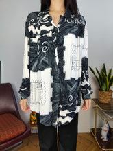 Load image into Gallery viewer, Vintage blouse black white print pattern shirt women M-L
