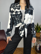 Load image into Gallery viewer, Vintage blouse black white print pattern shirt women M-L
