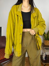 Load image into Gallery viewer, Vintage 100% suede leather bomber jacket yellow lime coat unisex women men 54 XL
