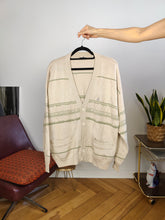 Load image into Gallery viewer, Vintage cotton blend cardigan beige green pattern knit knitted jacket women unisex men M-L
