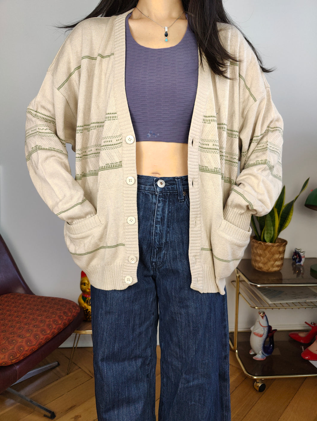 Vintage cotton blend cardigan beige green pattern knit knitted jacket women unisex men M-L
