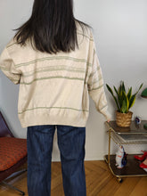 Load image into Gallery viewer, Vintage cotton blend cardigan beige green pattern knit knitted jacket women unisex men M-L
