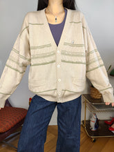 Load image into Gallery viewer, Vintage cotton blend cardigan beige green pattern knit knitted jacket women unisex men M-L
