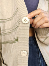 Load image into Gallery viewer, Vintage cotton blend cardigan beige green pattern knit knitted jacket women unisex men M-L
