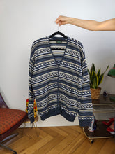 Load image into Gallery viewer, Vintage cotton blend cardigan blue pattern structural knit knitted jacket women unisex men M-L
