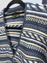 Load image into Gallery viewer, Vintage cotton blend cardigan blue pattern structural knit knitted jacket women unisex men M-L
