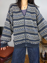 Load image into Gallery viewer, Vintage cotton blend cardigan blue pattern structural knit knitted jacket women unisex men M-L
