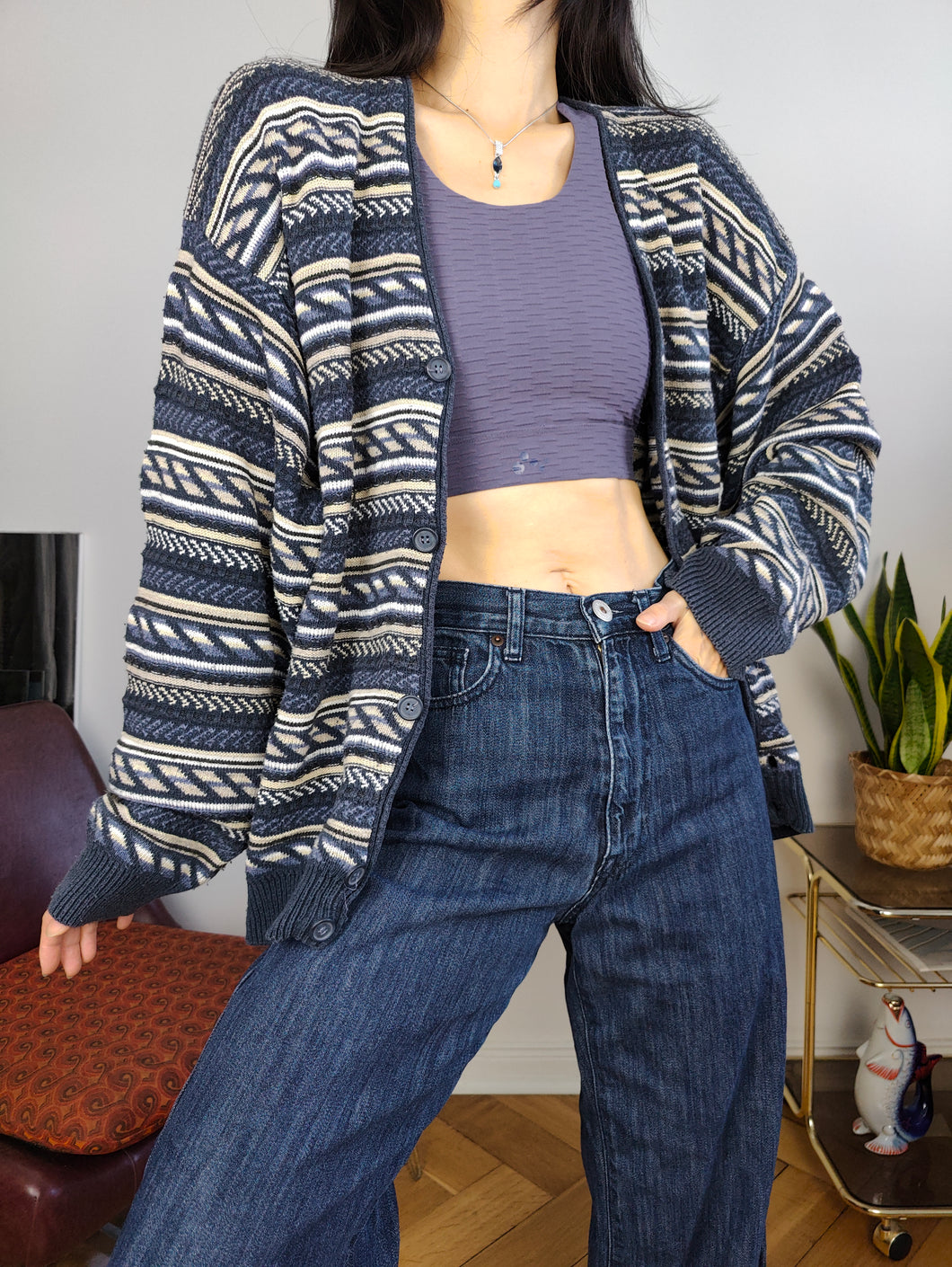 Vintage cotton blend cardigan blue pattern structural knit knitted jacket women unisex men M-L