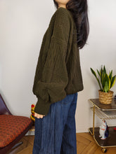 Load image into Gallery viewer, Vintage wool blend cardigan khaki green knit knitted jacket women unisex men L
