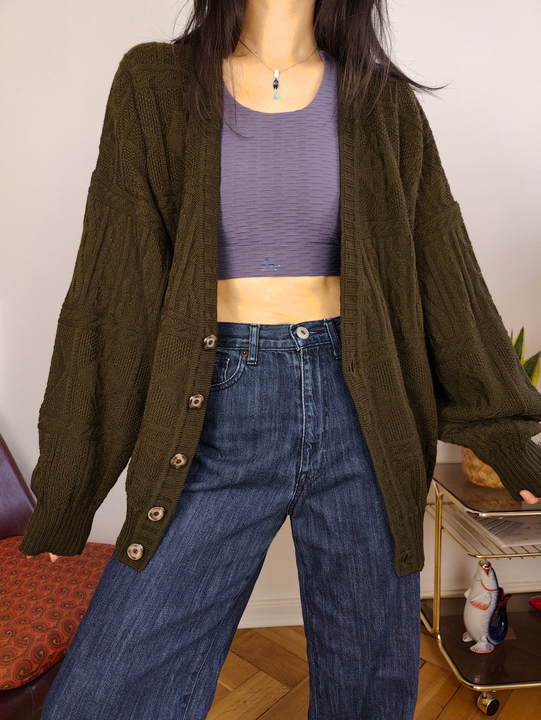 Vintage wool blend cardigan khaki green knit knitted jacket women unisex men L