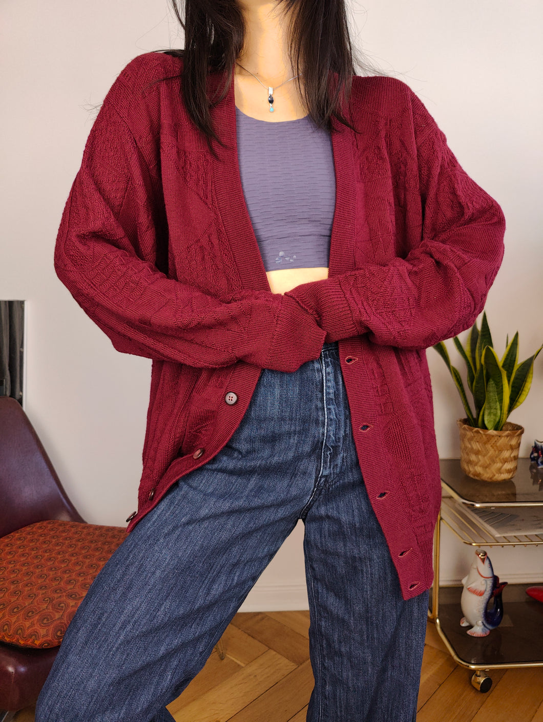 Vintage wool blend cardigan burgundy red knit knitted jacket L