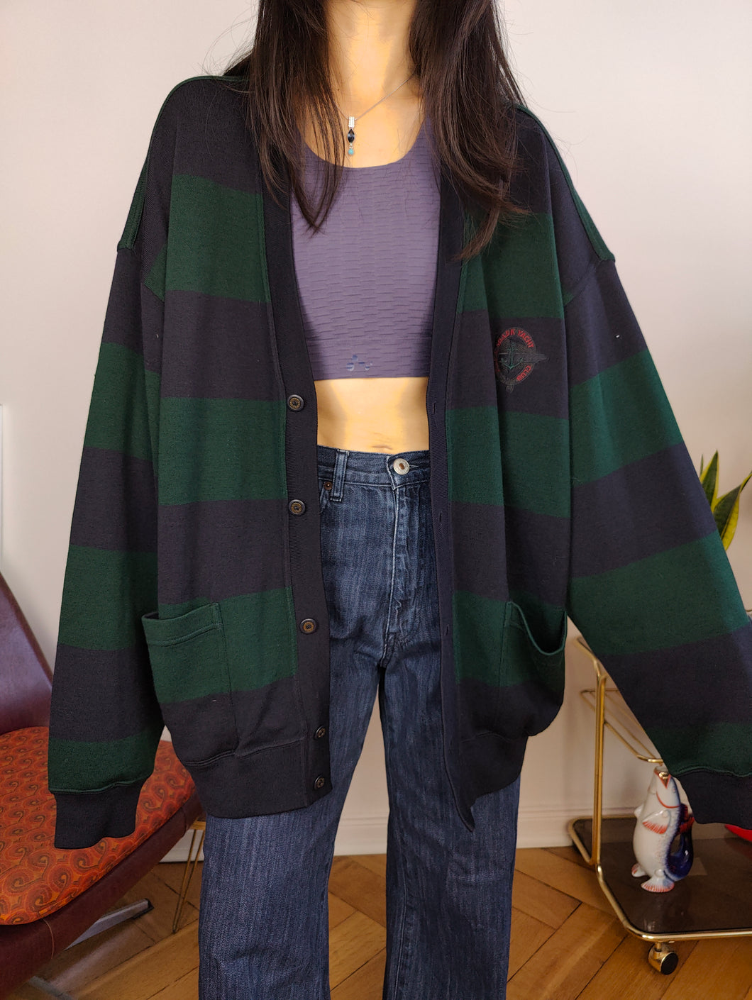 Vintage Paul & Shark 100% wool cardigan stripe knit knitted jacket blue green unisex men XXL