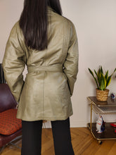Load image into Gallery viewer, Vintage 100% leather jacket khaki green trench coat waist tie padded women 50 M-L
