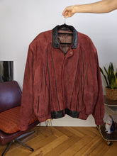 Load image into Gallery viewer, Vintage 100% suede leather bomber jacket burgundy red coat women men L-XL
