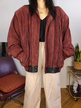 Load image into Gallery viewer, Vintage 100% suede leather bomber jacket burgundy red coat women men L-XL
