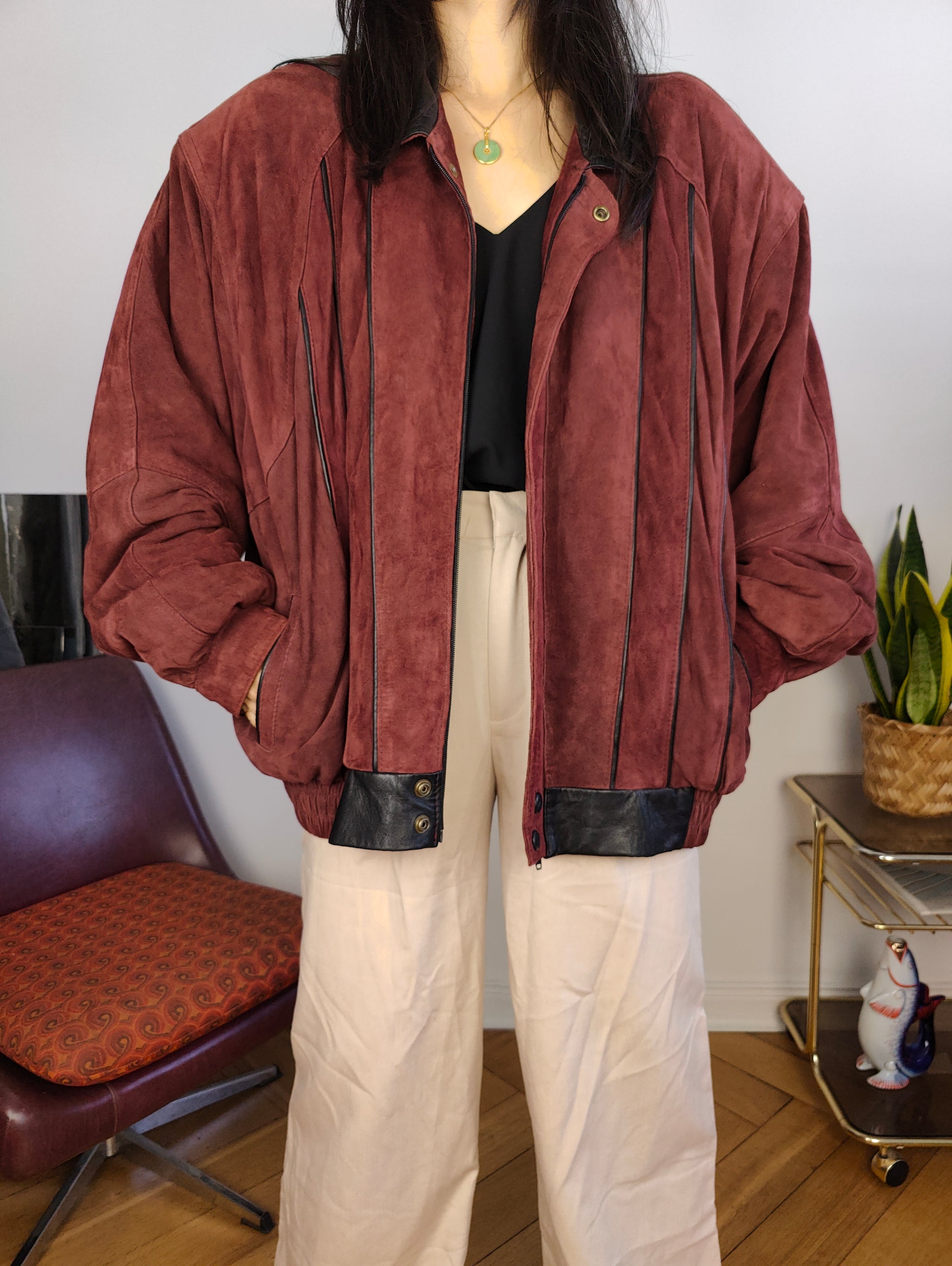 Vintage 100 suede leather bomber jacket burgundy red coat women men L The Vintage Takeaway