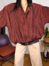 Load image into Gallery viewer, Vintage 100% suede leather bomber jacket burgundy red coat women men L-XL
