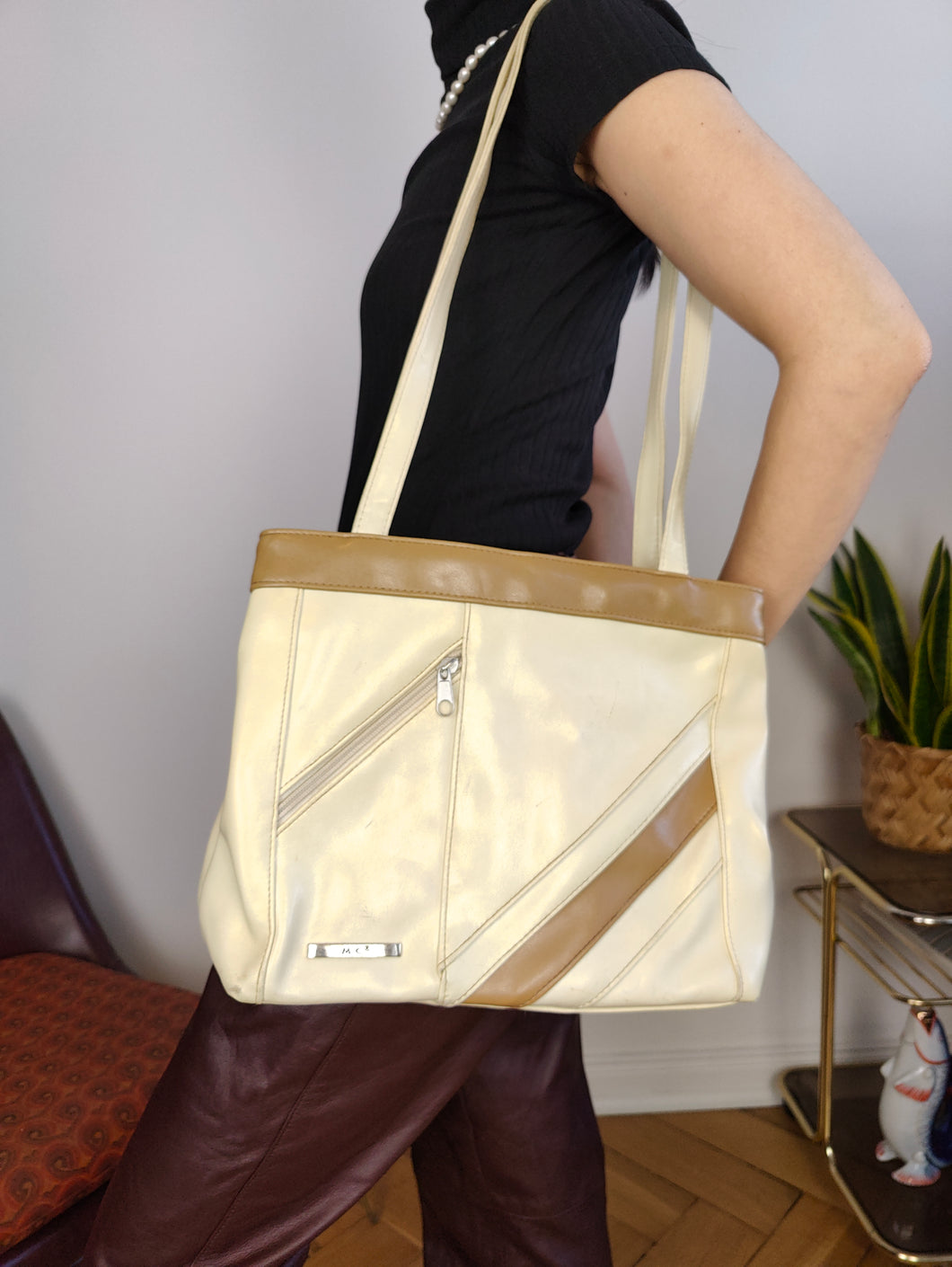 Vintage leather bag beige off white brown shoulder shopper tote bag M.C.