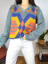 Load image into Gallery viewer, Vintage wool sweater S M | pullover knit knitted jumper blue orange geometric pattern Italy
