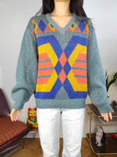 Load image into Gallery viewer, Vintage wool sweater S M | pullover knit knitted jumper blue orange geometric pattern Italy
