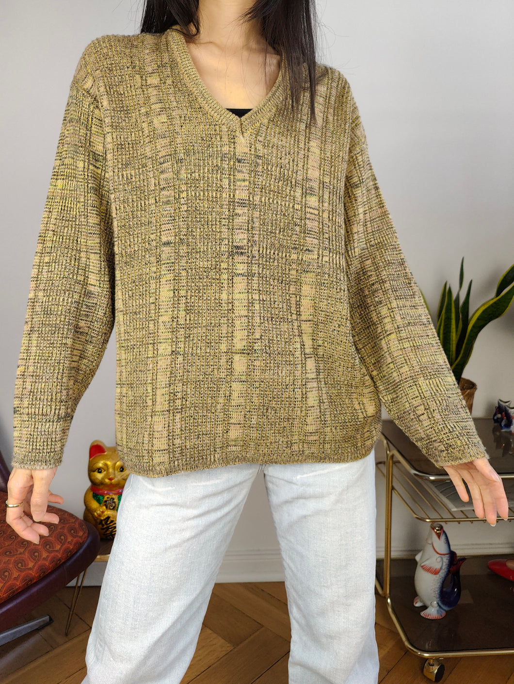 Vintage wool sweater S M | pullover knit knitted jumper V neck beige brown Italy