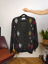 Load image into Gallery viewer, Vintage lambs wool cardigan L | grey knit knitted sweater argyle pattern diamonds women unisex men
