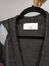 Load image into Gallery viewer, Vintage lambs wool cardigan L | grey knit knitted sweater argyle pattern diamonds women unisex men
