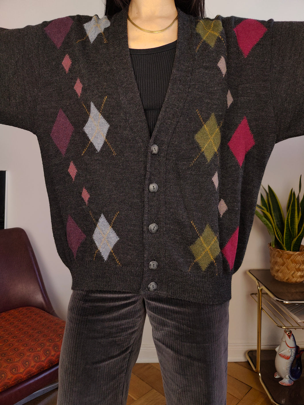 Vintage lambs wool cardigan L | grey knit knitted sweater argyle pattern diamonds women unisex men