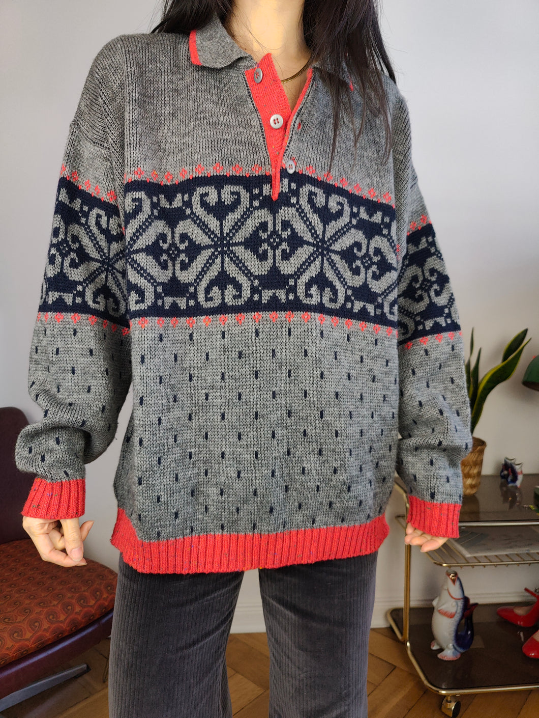 Vintage wool sweater L XL | polo collar knit jumper pullover grey red Christmas pattern unisex men