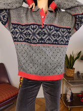 Load image into Gallery viewer, Vintage wool sweater L XL | polo collar knit jumper pullover grey red Christmas pattern unisex men
