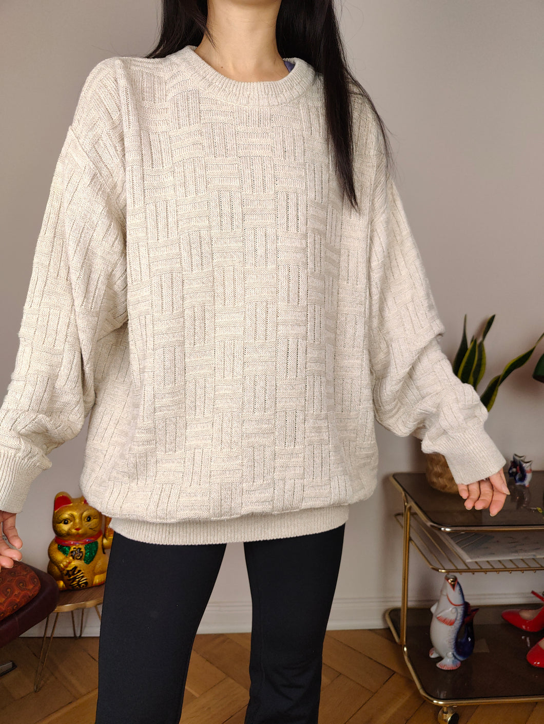 Vintage cotton sweater M L | structural linen pullover knit jumper white beige women unisex men