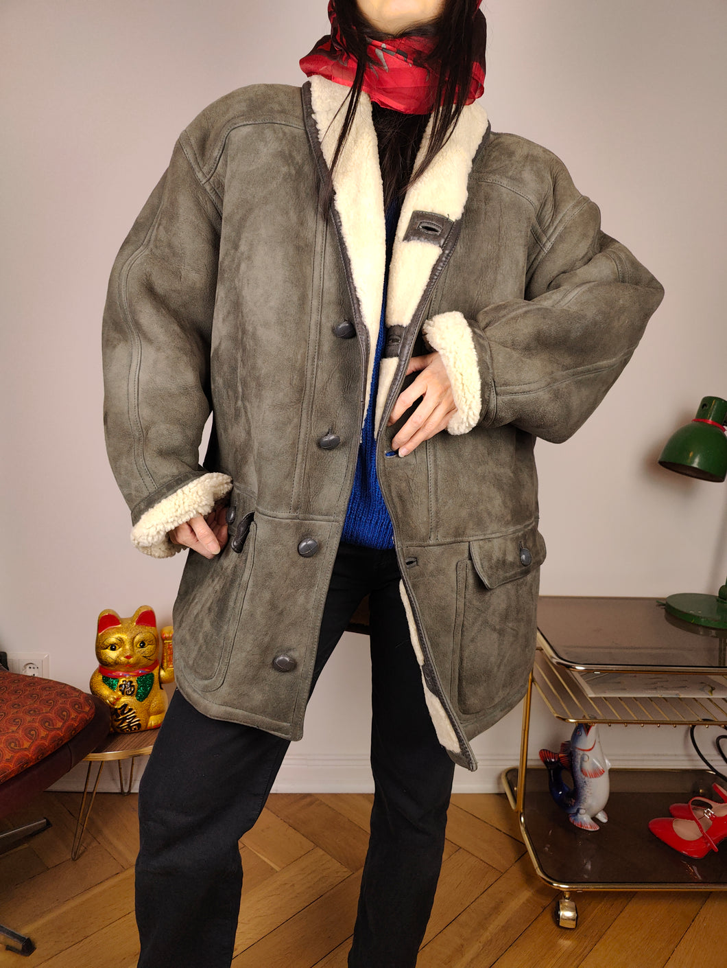 Vintage shearling coat L XL | grey lambskin sheepskin leather sherpa jacket women unisex men