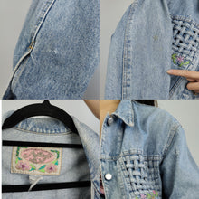 Load image into Gallery viewer, The Checker Flower Embroidery Denim Jacket | Vintage 80s floral checker embroidered light blue jeans crop short women S
