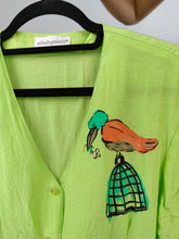Load image into Gallery viewer, Vintage blouse shirt S | neon brat green bird animal short sleeve Roberto Puccini women
