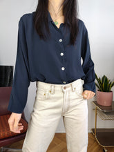 Load image into Gallery viewer, Vintage silk shirt blouse S-M | navy blue long sleeve button up plain Mario Borgioli women
